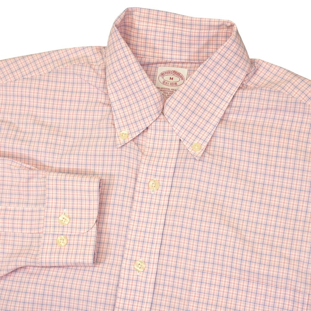 Brooks Brothers‎ Button Down Mens M Pink Check Traditional Fit Non-Iron Cotton